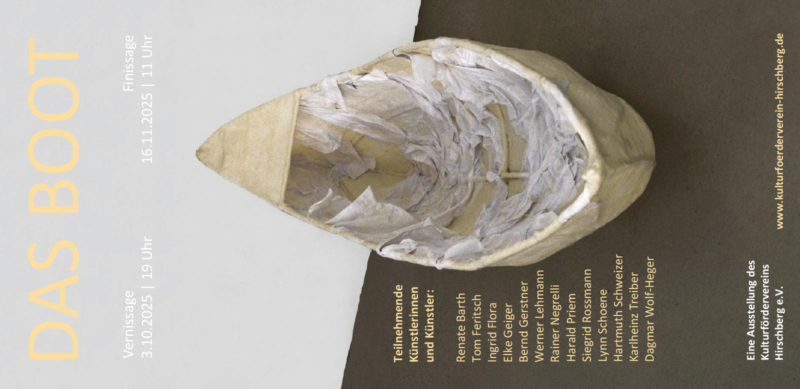 Freitag, 03.10.2025: Eröffnung „DAS BOOT“, Rathausgalerie Hirschberg, Gruppenausstellung, Ausstellungsdauer: 03.10. bis 16.11.2025