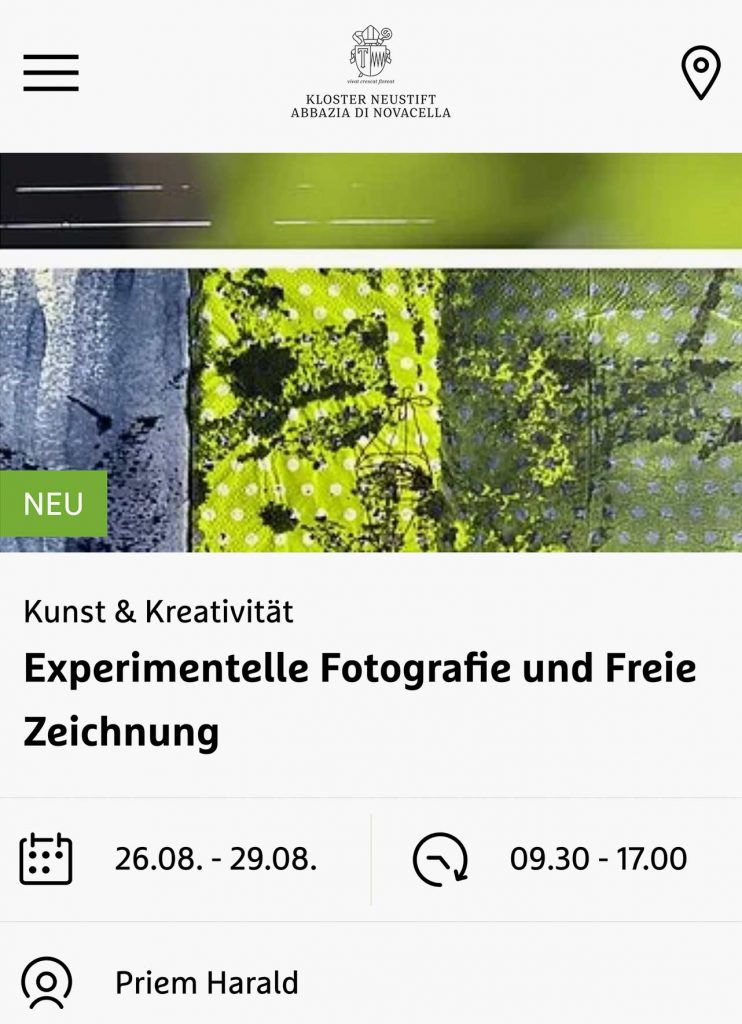 Kurs Harald Priem. Experimentelle Fotografie und Zeichnung, Kloster Neustift, Bildungshaus, 26.08.–29.08.2026