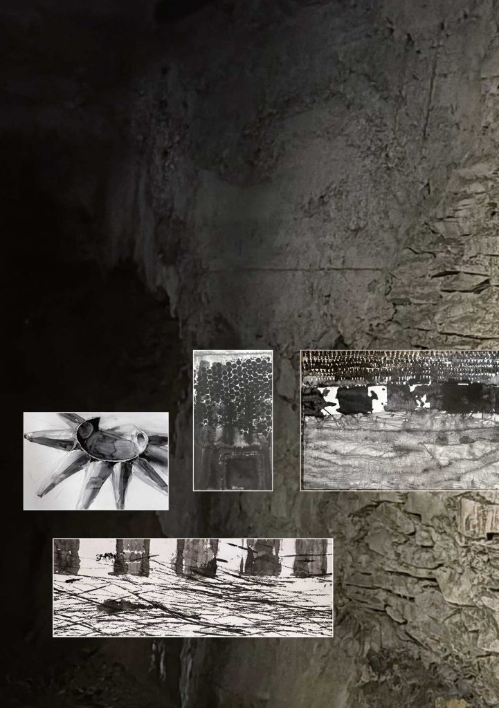 Im Rahmen des Projektes „Moving Stones“ war ich eingeladen, im Arenakeller des Amphitheater Trier künstlerisch-forschend auf Spurensuche zu gehen. Die Ergebnisse bearbeitete ich im Atelier experimentell weiter.