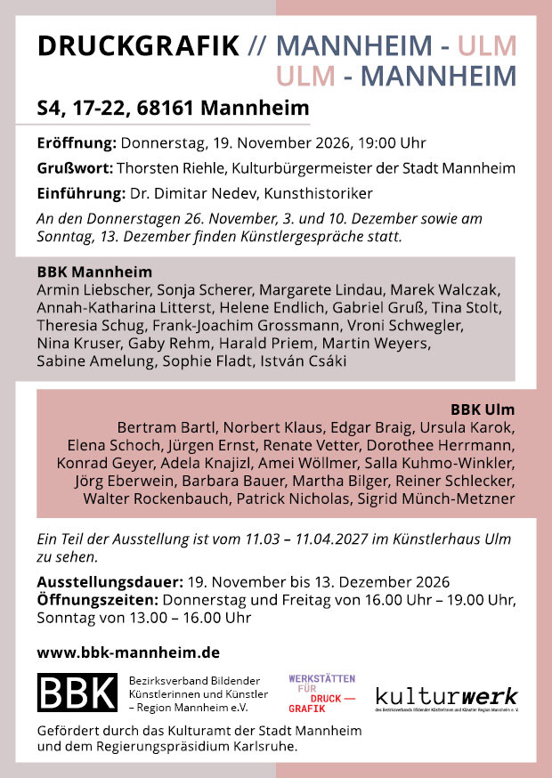 Vernissage 19.11., 19 Uhr: Druckgrafik Mannheim–Ulm | 19.11. bis 13.12.2026 | Ausstellungsraum S4 | S4, 17-22, Mannheim